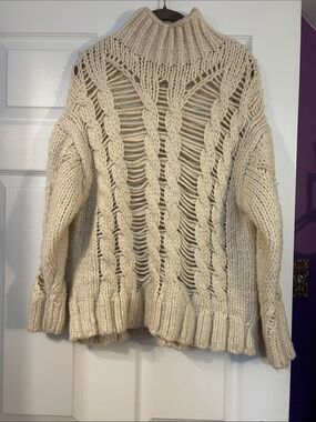 Zara Cream Sz Medium Loose Knit Cable Turtleneck Sweater
